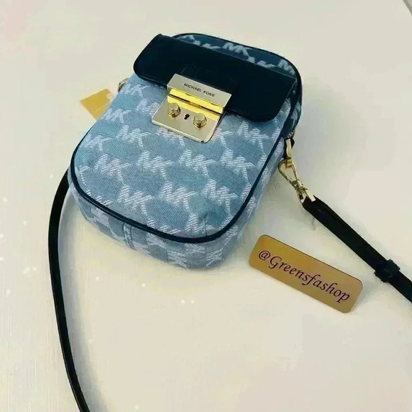 Michael Kors Sloan Editor Purse Small Phone Logo Jacquard Crossbody Navy - Picture 3 of 10